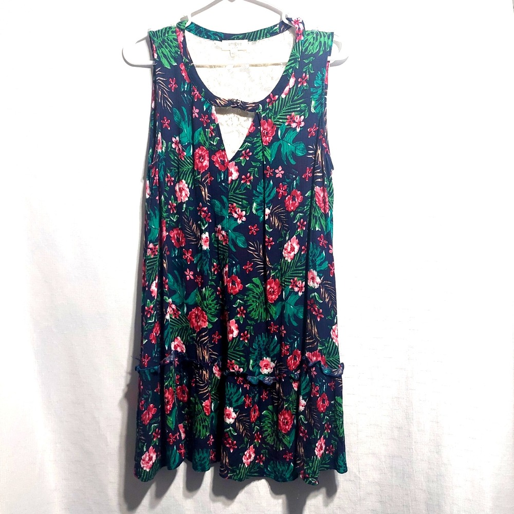 Umgee Tunic Dress Womens Medium FloralKeyhole Front Sleeveless Back Lace Insert